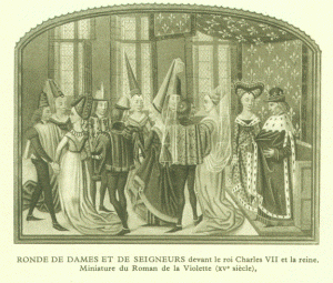 Ronde de Dame et de Seigneurs devant le roi Charles VII et la Reine. Miniature du Roman de la Violette (XVeime siecle)